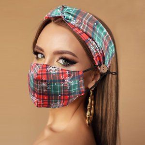 TARTAN CHECK SNOWFLAKE PRINT COTTON MASK &HEADBAND